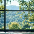 Sunlight is streaming through a large window overlooking a green forest and blue sky. The sunlight casts shadows on the floor